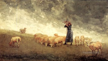  sheep Art - Shepherdess Tending Sheep Realism painter Winslow Homer